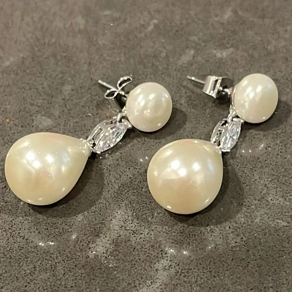 Faux Pearl and Cubic Zirconia Silver Tone Drop Earrings - Picture 7 of 10
